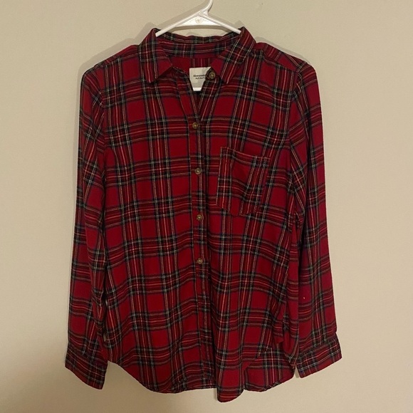 Abercrombie & Fitch red plaid boyfriend shirt button up - Picture 1 of 6